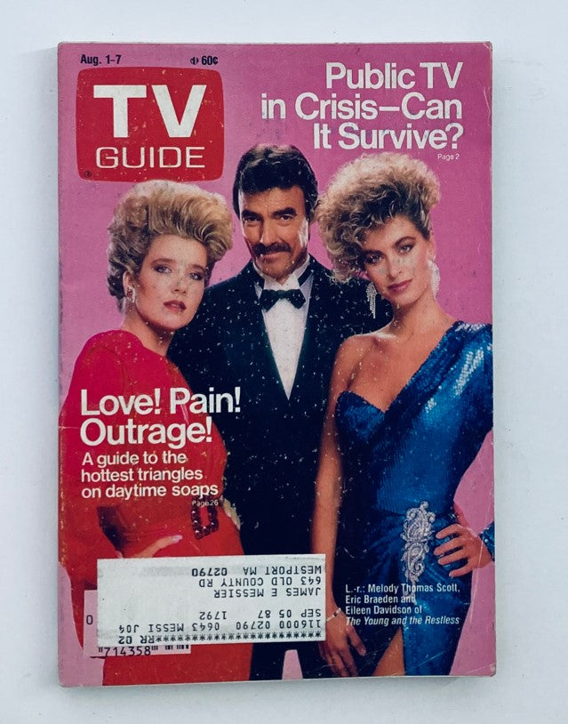 TV Guide Magazine cover from August 1, 1987, featuring The Young and The Restless. The cover highlights themes of love, pain, and outrage with featured characters in vibrant outfits. A vintage collectible piece for soap opera enthusiasts.