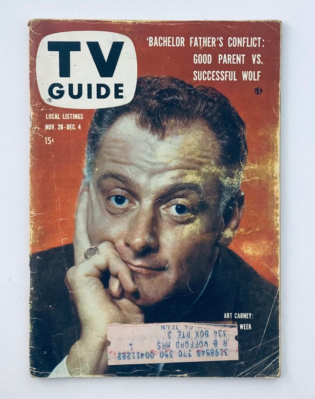 TV Guide Magazine November 28, 1959 featuring Art Carney on the cover, highlighting the TV show 'Bachelor Father's Conflict', in a well-preserved condition.