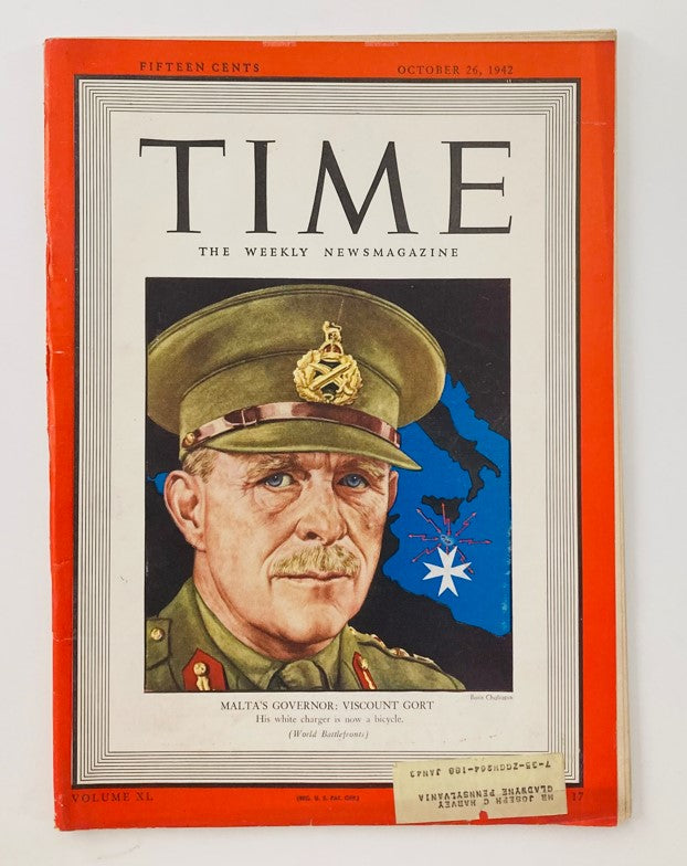 VTG Time Magazine October 26 1942 cover featuring Malta's Governor Viscount Gort, showcasing a portrait and historical context of World War II.