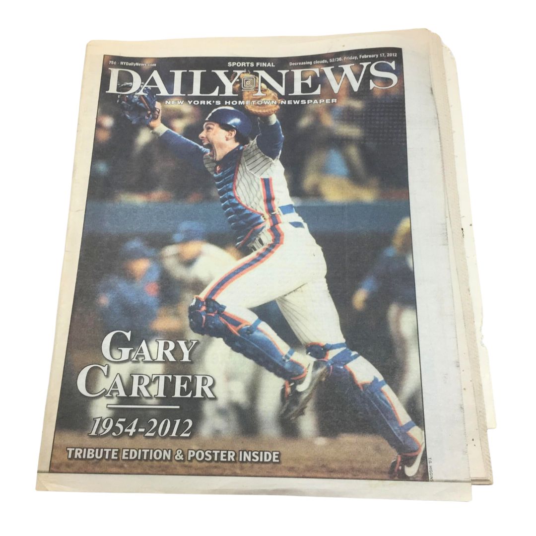 New York Daily News cover from February 17, 2012, featuring Gary Carter, commemorating his life and achievements as a baseball icon, with a prominent image of him in action.