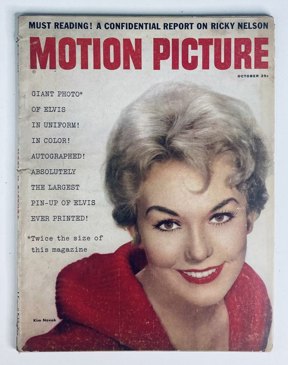 VTG Motion Picture Magazine October 1958 featuring Kim Novak on the cover, showcasing her glamorous appearance and retro design, a collector's item from Hollywood's golden age.
