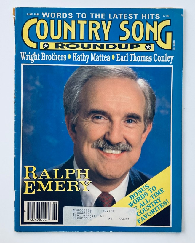 Cover of the VTG Country Song Roundup Magazine June 1988 featuring Ralph Emery, highlighting his contributions to country music alongside the Wright Brothers and other featured artists.