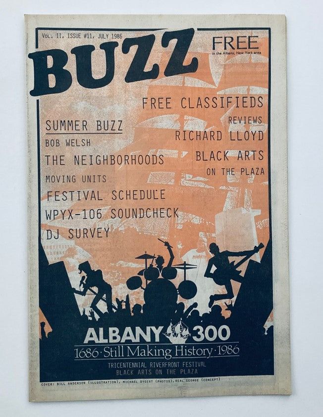 Cover of the VTG Buzz Music Magazine July 1986 Vol 11 #11 featuring The Neighborhoods, showcasing a vibrant design and listing summer buzz topics, free classifieds, and review sections.