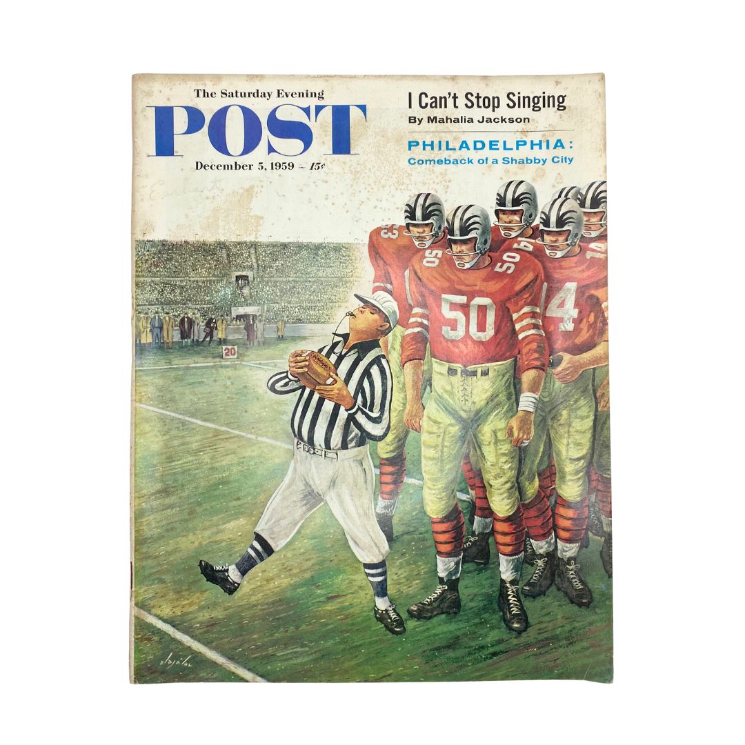 Saturday Evening Post Magazine December 5 1959 featuring the cover art depicting a referee and football players, illustrating a scene from American football with the title 'I Can't Stop Singing' by Mahalia Jackson.