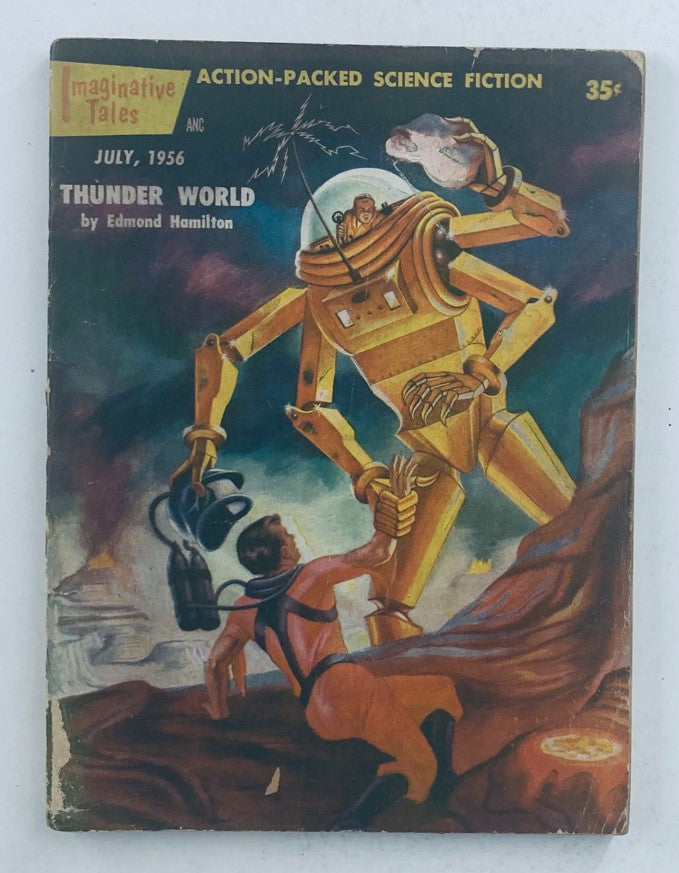 Cover of Imaginative Tales Magazine July 1956 featuring 'Thunder World' by Edward Hamilton, showcasing a vibrant science fiction illustration with a robot and a human in an adventurous setting.