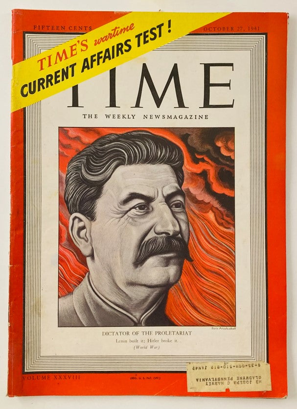 VTG Time Magazine October 27 1941 featuring a portrait of Joseph Stalin, leader of the Soviet Union during World War II, with a cover headline discussing his influence during this historic period.