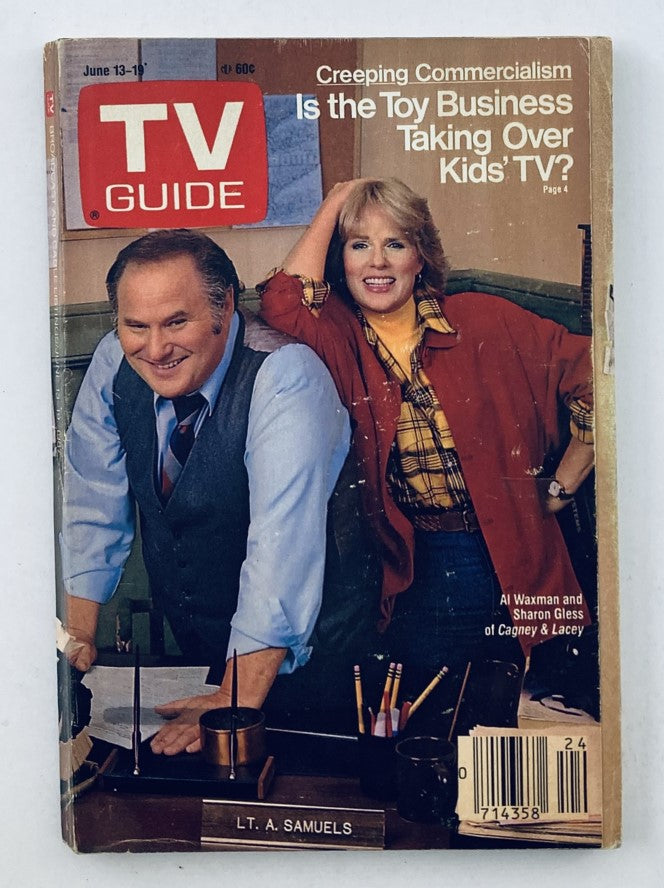 Cover of TV Guide Magazine from June 13, 1987 featuring Sharon Gless and Al Waxman, with an article discussing toy business influence on children's television.
