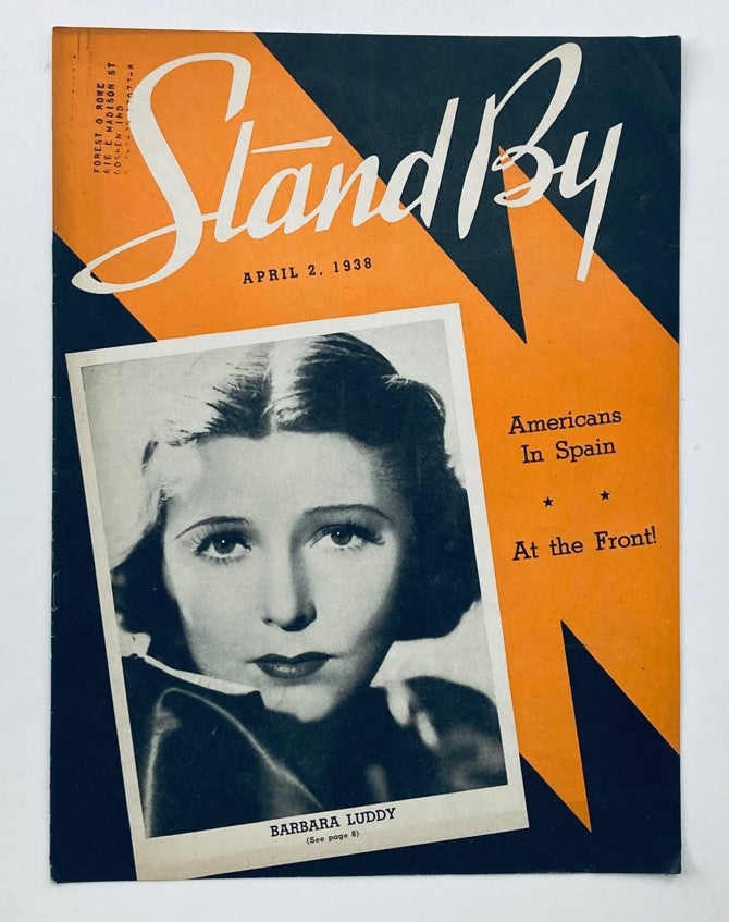 VTG Stand By Magazine cover from April 2, 1938 featuring Barbara Luddy and a theme related to Americans in Spain.