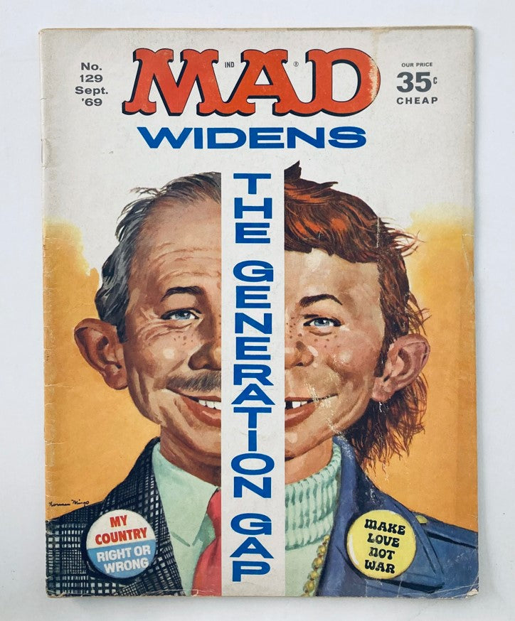 Cover of VTG Mad Magazine September 1969 No. 129 titled 'The Generation Gap 2.0' featuring colorful artwork and humorous elements related to generational differences.