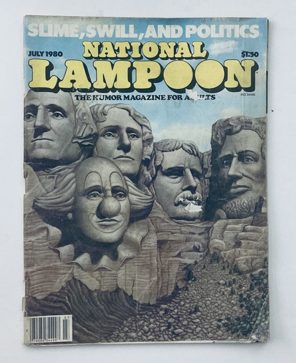 Cover of Vintage National Lampoon Magazine July 1980 titled 'Slime, Swill and Politics' featuring Mount Rushmore with a clown face, symbolizing satirical commentary on politics.