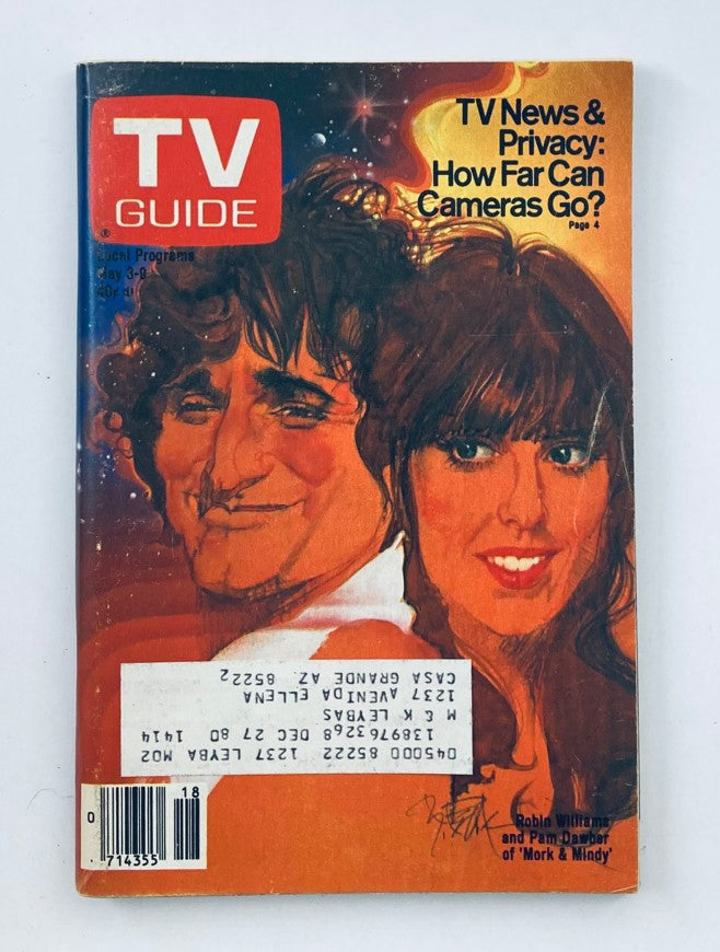 TV Guide Magazine May 3 1980 #1414 featuring Robin Williams and Pam Dawber on the cover, showcasing vibrant illustrations and topics including TV news privacy.