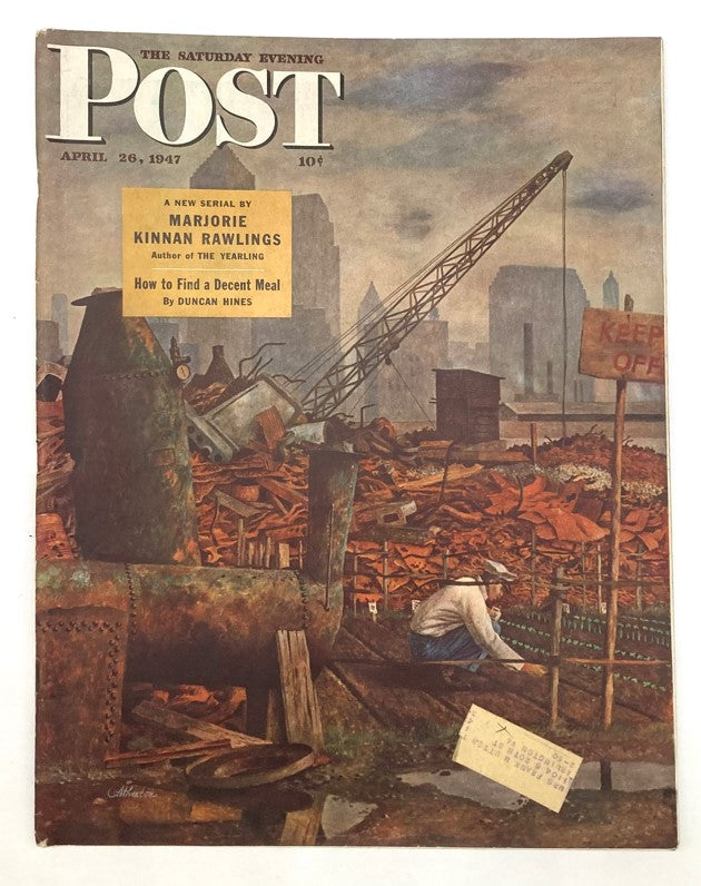 Illustrated cover of the Saturday Evening Post Magazine from April 26, 1947, featuring artwork by John Atherton, depicting a construction scene with a worker in a field and urban background.