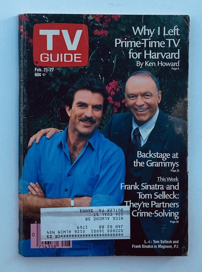 TV Guide Magazine February 21 1987 featuring Frank Sinatra and Tom Selleck on the cover, showcasing an article about their partnership in crime-solving, with additional content related to the Grammys and television programming.
