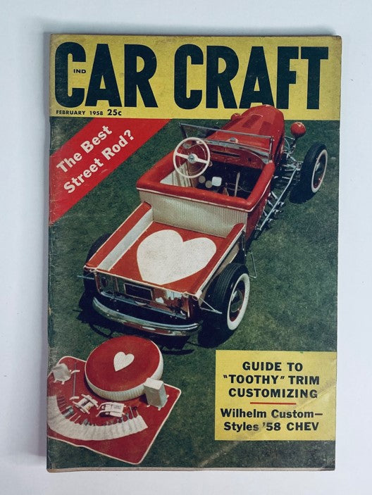 Cover of VTG Car Craft Magazine February 1958 featuring a classic customized street rod with a heart design and the headline 'Guide to Toothy Trim Customizing'.