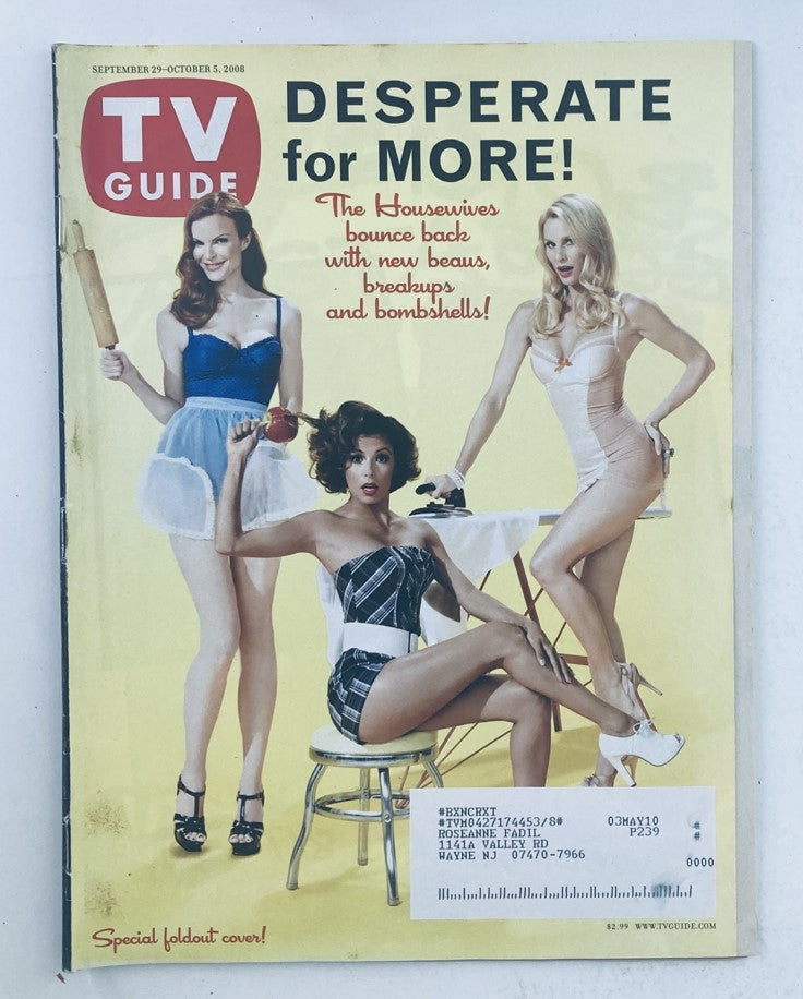 TV Guide Magazine September 29 2008 issue number 2900 featuring Eva Longoria and Marcia Cross on the cover. The cover highlights the theme 'Desperate for More!' showcasing the iconic actresses in stylish attire.