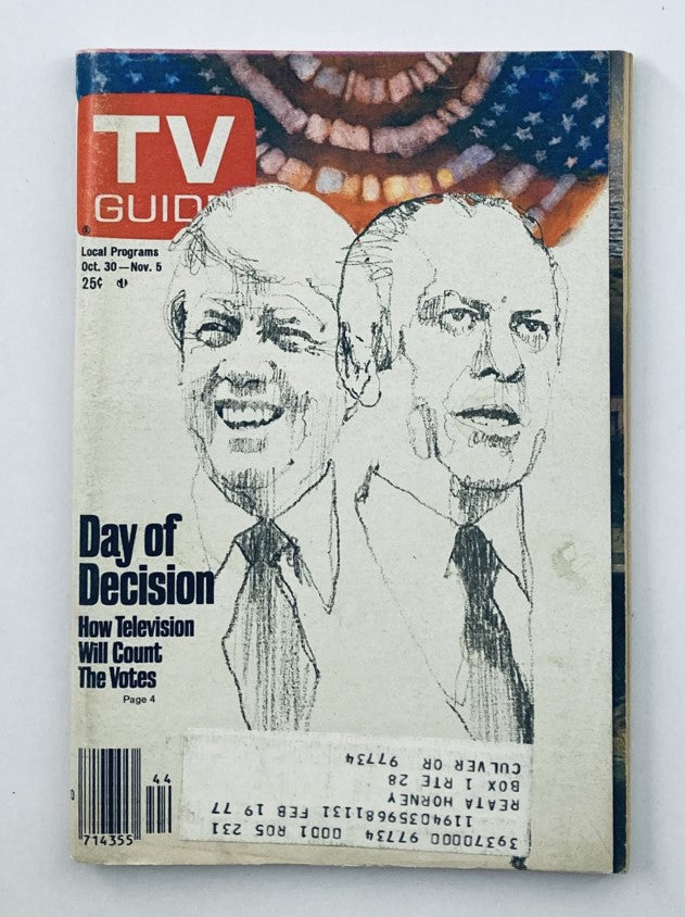 TV Guide Magazine cover from October 30, 1976 featuring sketches of Jimmy Carter and Gerald Ford under the title 'Day of Decision: How Television Will Count The Votes'. This issue is #1231 and showcases local programming.