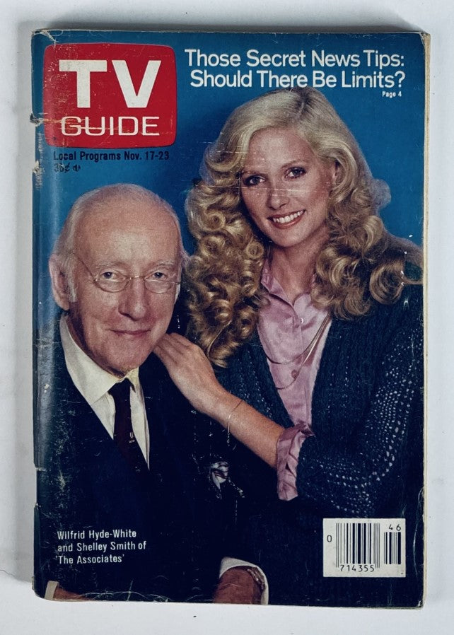 TV Guide Magazine cover from November 17, 1979 featuring Wilfred Hyde-White with a guest. The vintage magazine highlights classic television programming and features an article on news leaks and local programs.