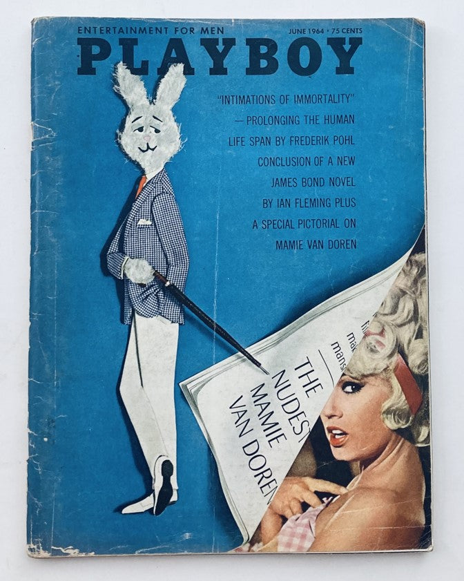 Cover of the vintage Playboy Magazine June 1964 featuring an illustration of a rabbit in a suit and Playmate Lori Winston's pictorial inside.