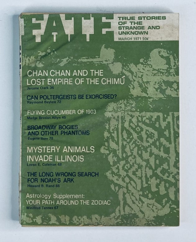 Cover of VTG Fate Magazine March 1971 Vol 24 No. 3 featuring article titles including 'Flying Cucumber of 1903' and 'Mystery Animals Invade Illinois'.