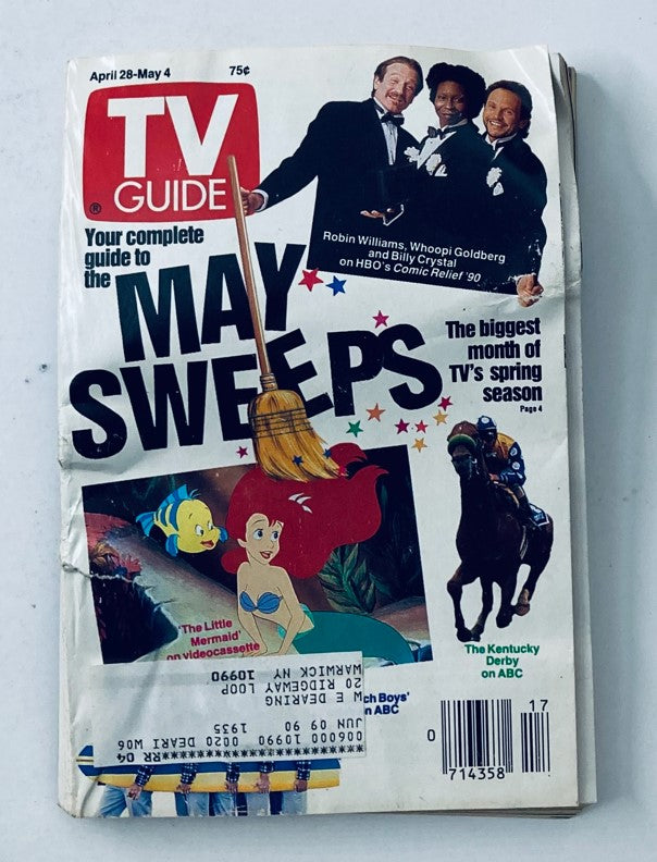 Cover of TV Guide Magazine dated April 28 - May 4, 1990, featuring Robin Williams, Whoopi Goldberg, and Billy Crystal with highlights on May Sweeps and The Little Mermaid.