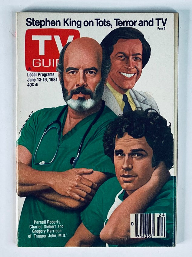 TV Guide Magazine June 13 1981 Cover featuring Pernell Roberts, Charles Siebert, and Gregory Harrison from 'Trapper John, M.D.' showcasing vintage TV culture.