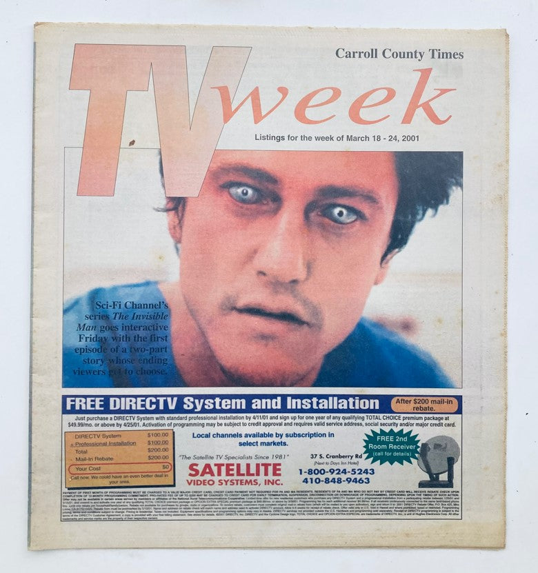 Cover of TV Week Magazine from March 18, 2001, featuring a prominently displayed image of a character from The Invisible Man with striking eyes, highlighting the theme of science fiction in early 2000s television.