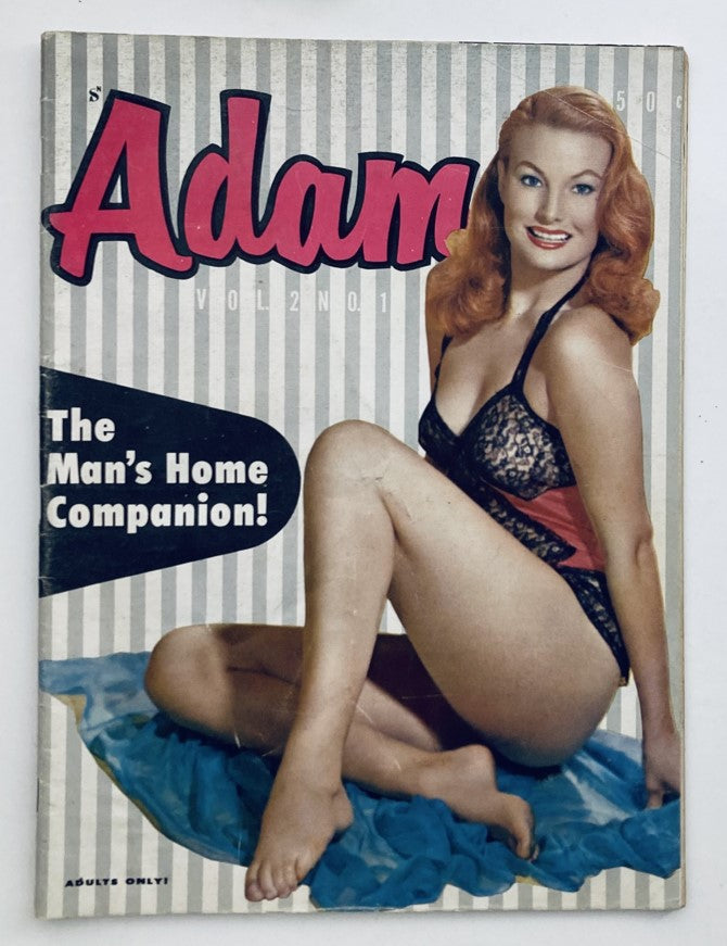 Cover of VTG Adam Magazine January 1958, Vol 2 No. 1 featuring a woman in a vintage bathing suit, labeled 'The Man's Home Companion.'