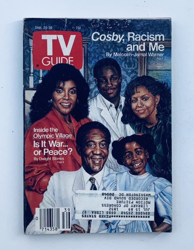 TV Guide Magazine September 24 1988 featuring 'The Cosby Show' with cover story 'Cosby, Racism and Me' by Malcolm-Jamal Warner, showcasing a family portrait of the show's cast.