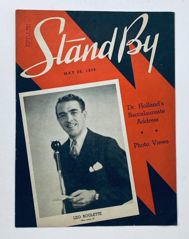 Cover of VTG Stand By Magazine from May 28, 1938 featuring Dr. Holland's Baccalaureate Address by Leo Boulette. The magazine design includes bold graphics and text highlighting its historical significance.