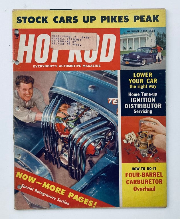 Cover of VTG Hot Rod Magazine September 1957 showcasing Stock Cars and a Pikes Peak theme, featuring vintage automotive photography and eye-catching design.