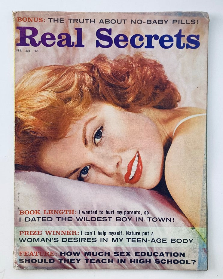 Cover of VTG Real Secrets Magazine February 1960 featuring the title 'Truth About No-Baby Pills', showcasing a vintage design with a woman’s portrait and text highlights on topics of teenage relationships and education.