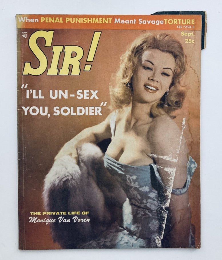 Cover of VTG Sir! Magazine for Males September 1957 featuring Monique Van Voren in a glamorous pose, with the title and tagline 'I'll Un-Sex You, Soldier' prominently displayed.