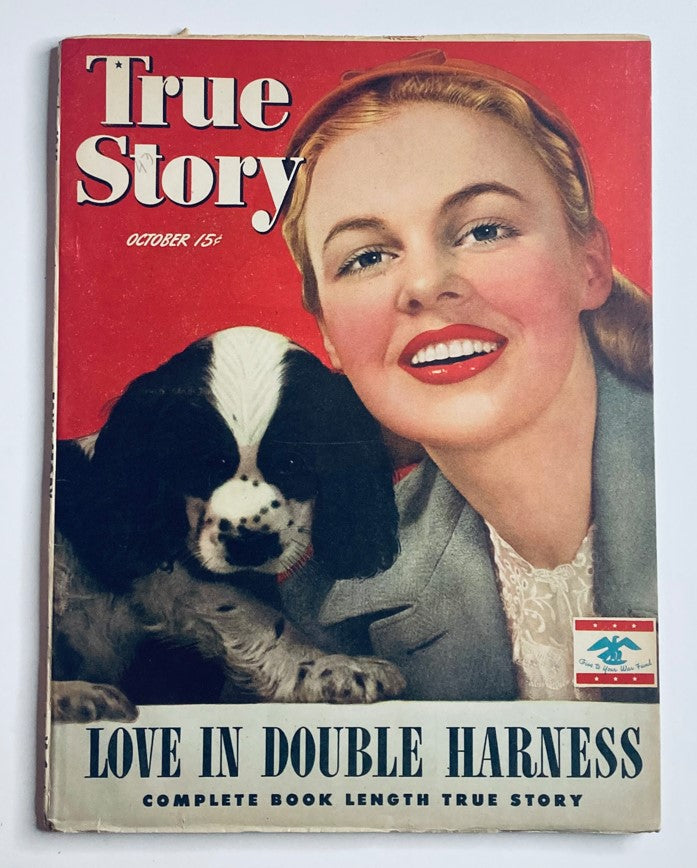 Cover of VTG True Story Magazine, October 1945, Vol 53 No 3, featuring a smiling woman with red lipstick and a black and white dog, themed 'Love in Double Harness'.