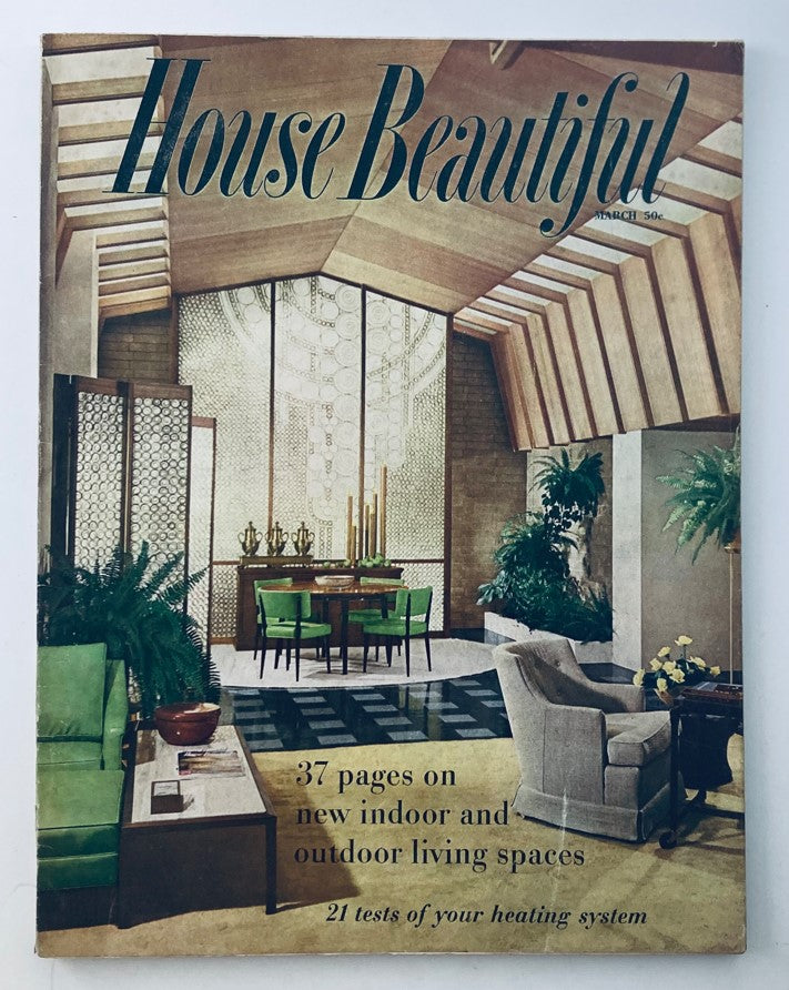 Cover of House Beautiful Magazine, March 1957, featuring mid-century home design with green furniture, a large window, and modern decor elements, showcasing the theme 'The Critic on the Hearth.'