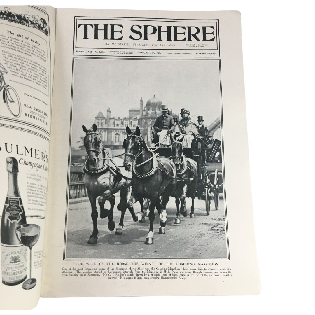 The Sphere Newspaper June 19 1920 - Featured article about The Horse, winner of the Coaching Marathon, showcasing a historic horse-drawn carriage with multiple riders.