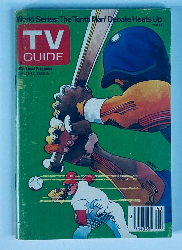 TV Guide Magazine October 11 1980 #1437 cover featuring a stylized illustration of baseball players, highlighting the article on 'The Tenth Man Debate'. The vibrant colors and design reflect the entertainment culture of the early 1980s.