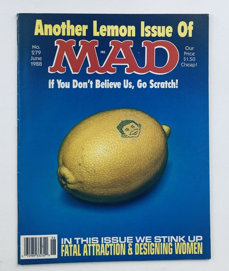 Mad Magazine June 1988 No. 279, Another Lemon Issue cover featuring a large lemon with a playful illustration, vibrant blue background, and humorous tagline.