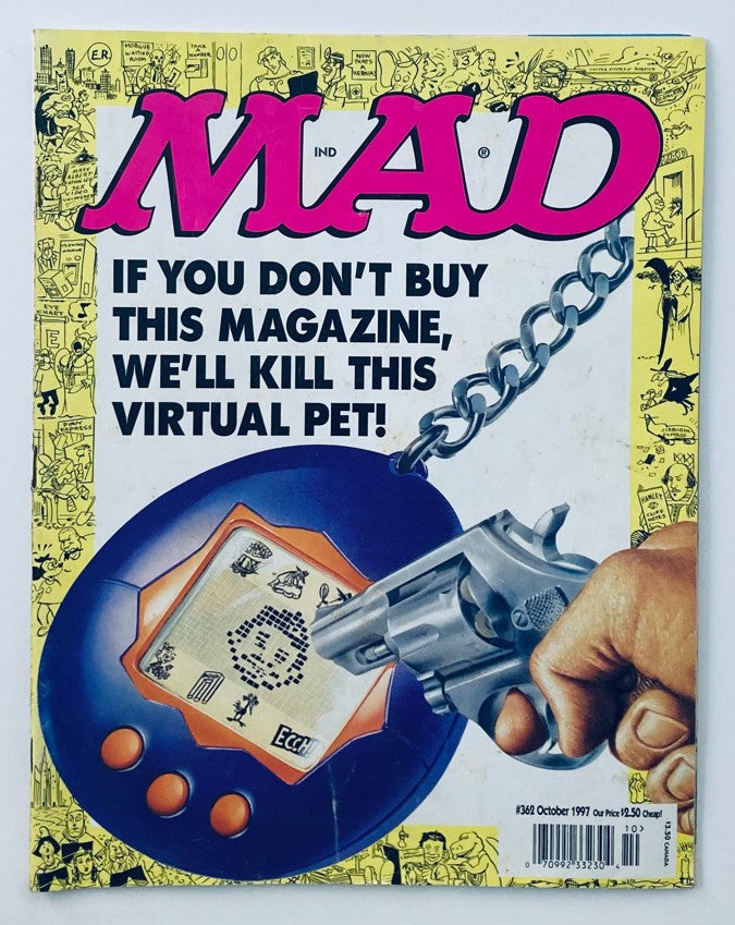 Cover of Mad Magazine October 1997 #362 featuring a Tamagotchi and humorous warning, 'If you don't buy this magazine, we'll kill this virtual pet!' This vintage collectible is highly sought after by fans of pop culture.