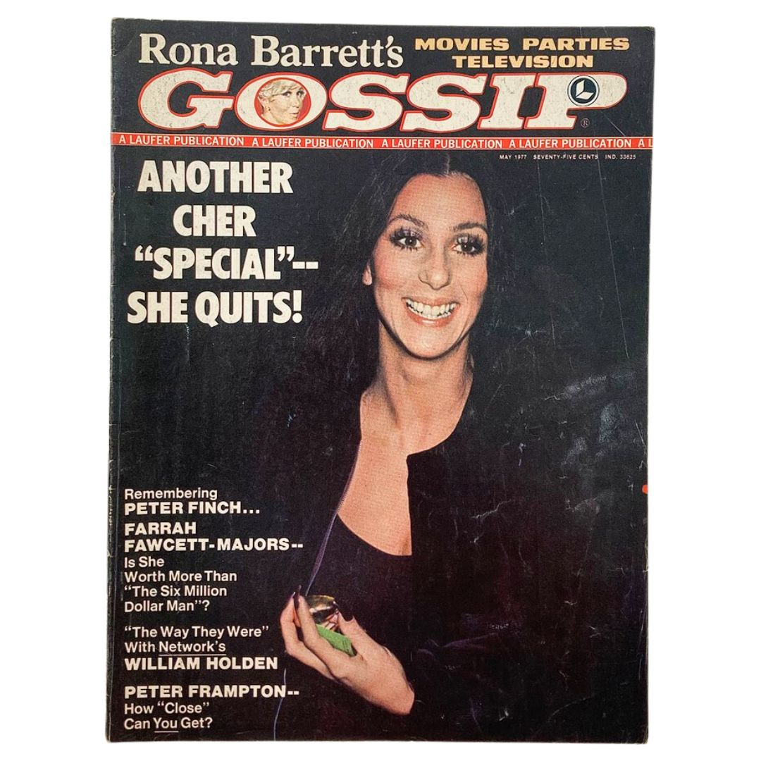 Cover of VTG Rona Barrett's Gossip Magazine May 1977 showcasing Cher with the headline 'Another Cher Special - She Quits!' Highlights Peter Finch and other celebrities.