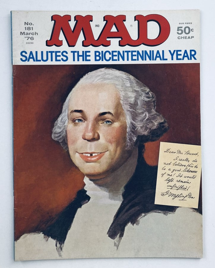 Mad Magazine March 1976 No. 181 cover featuring a humorous illustration saluting the Bicentennial Year with a parody of George Washington.