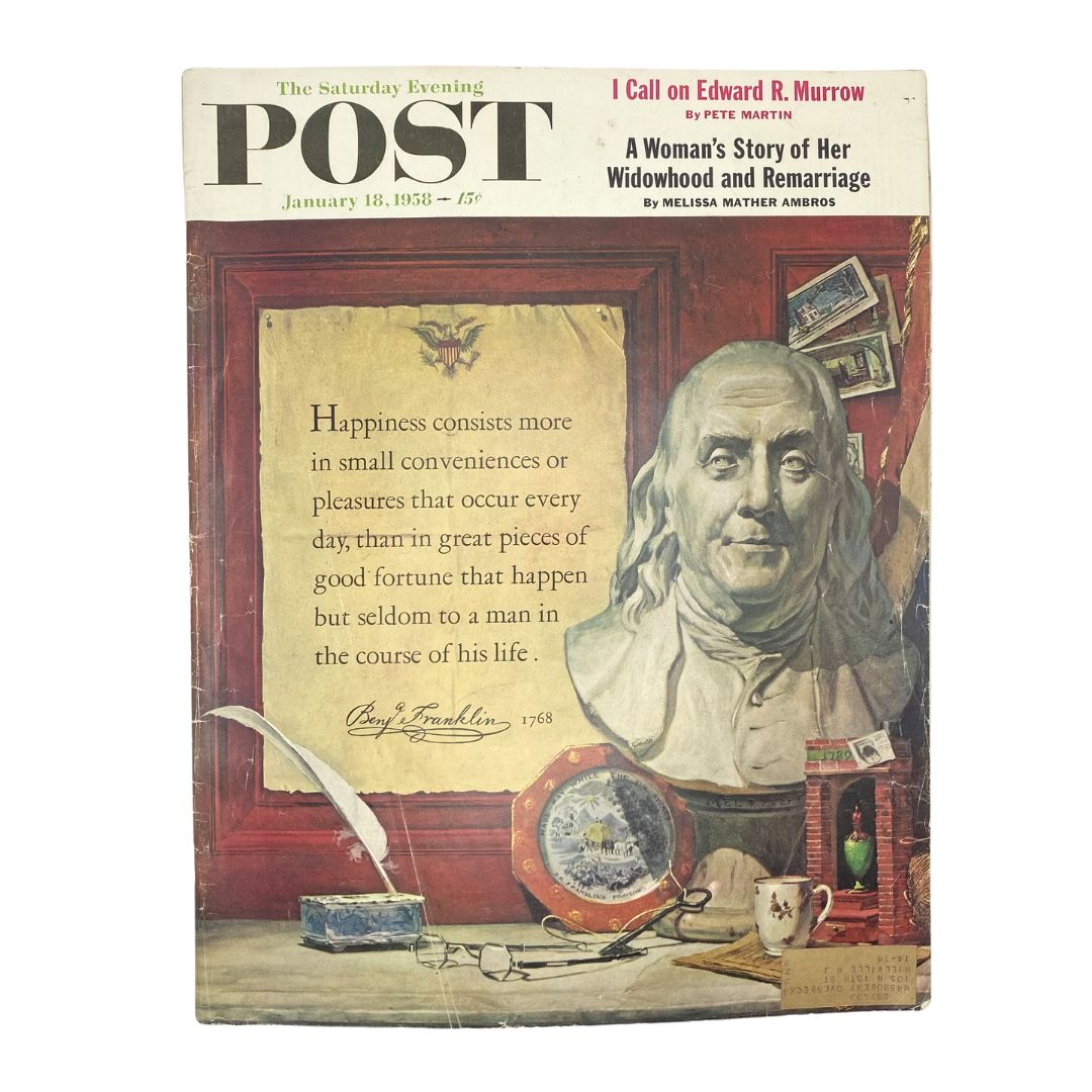 Cover of the Saturday Evening Post Magazine dated January 18, 1958, featuring a sculpted bust of Benjamin Franklin with a quote about happiness, surrounded by vintage items including glasses, a quill, and decorative plates, showcasing classic American art and history.
