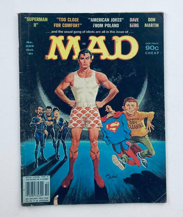 Mad Magazine October 1981 No. 226 featuring a humorous superhero-themed cover inspired by Superman II, showcasing a playful illustration with iconic characters.