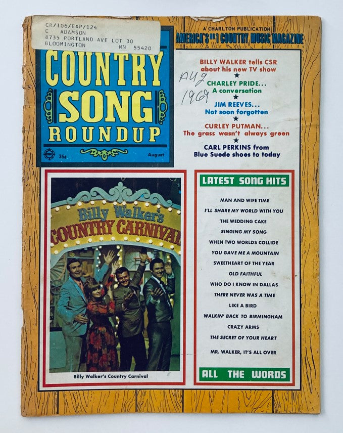 Cover of VTG Country Song Roundup Magazine August 1969 featuring Billy Walker's Country Carnival, showcasing vibrant colors and notable country music artists.
