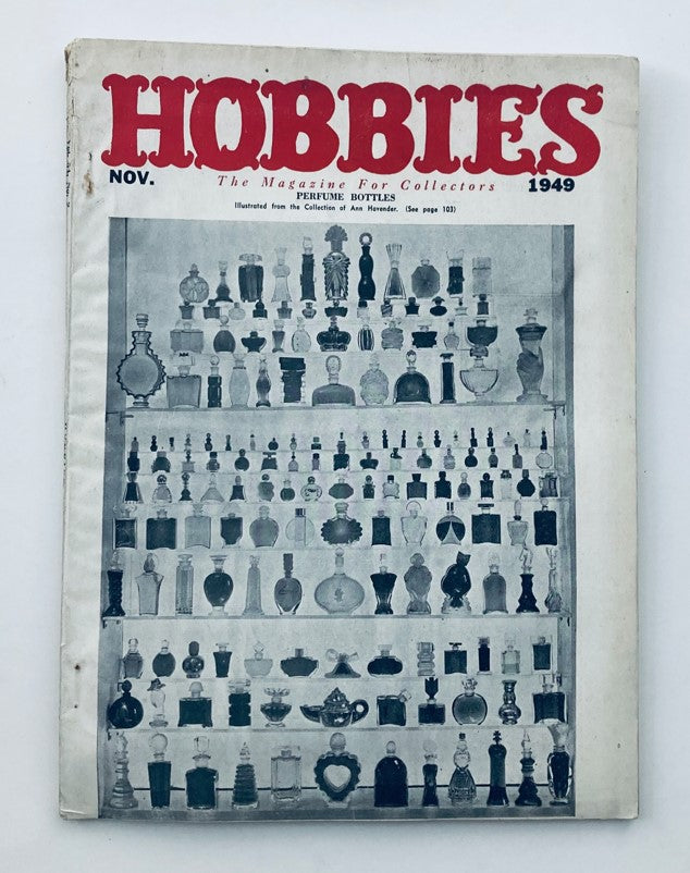 VTG Hobbies Magazine November 1949 cover showcasing a collection of vintage perfume bottles by Ann Havender.