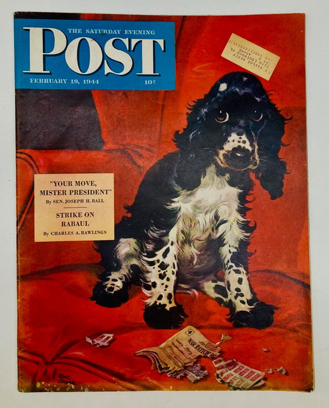 Saturday Evening Post Magazine Illustrated Cover February 19 1944 Mr. President featuring a whimsical illustration with a dog on a couch, symbolizing American sentiment during World War II.
