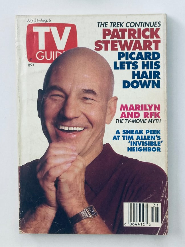 TV Guide Magazine cover from July 31, 1993 featuring Patrick Stewart with the headline 'The Trek Continues: Picard Lets His Hair Down'. The cover includes additional mentions of Marilyn and RFK, and previews of Tim Allen's 'Invisible Neighbor', highlighting entertainment history.