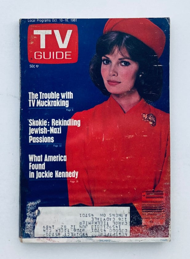 TV Guide Magazine dated October 10, 1981 featuring a cover image of Jaclyn Smith with a red outfit, highlighting articles such as 'The Trouble with TV Muckraking' and 'What America Found in Jackie Kennedy'.