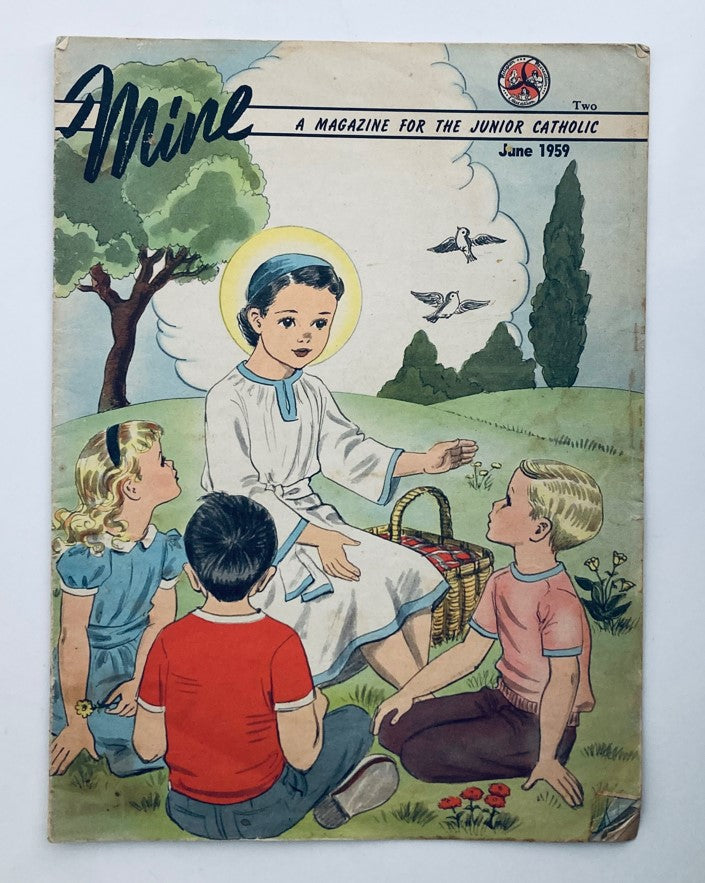 Cover of VTG Mine Junior Catholic Magazine June 1959 showcasing a child dressed in white, sitting on grass surrounded by children, with the title 'Mine: A Magazine for the Junior Catholic' and a serene background.