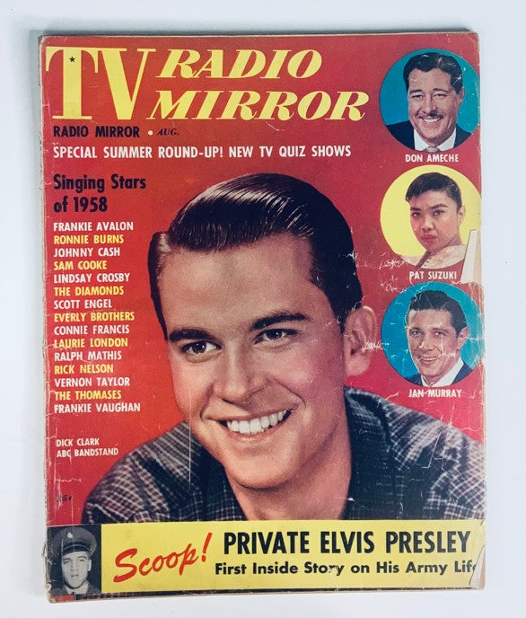 VTG TV Radio Mirror Magazine August 1958 Vol 50 #3 featuring Dick Clark on the cover, showcasing various singing stars of 1958 including Johnny Cash and Sam Cooke, with bright colors and bold typography.