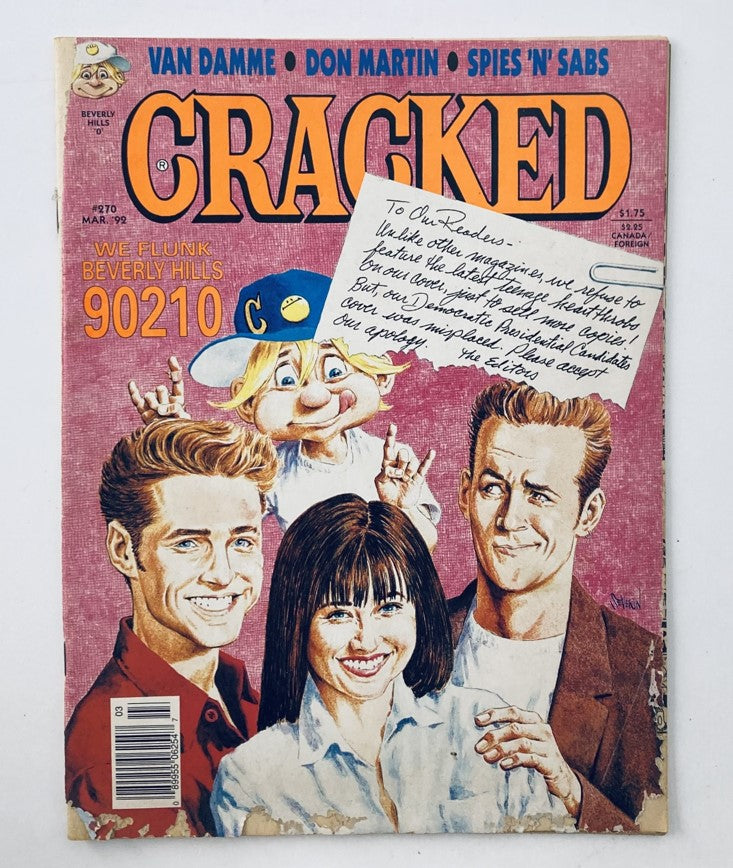 Cover of VTG Cracked Magazine March 1992 No. 270 featuring a comedic illustration focused on Beverly Hills 90210, showcasing characters' humorous expressions and vintage design elements.